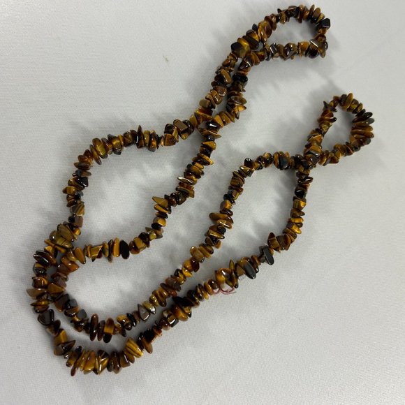 Chip Bead Stone Necklace Chipie Brown 34" Long Boho - Picture 2 of 7